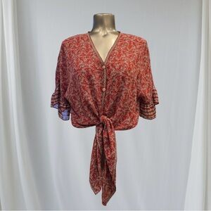 💟 Max Studio Red Floral Tie-Front Blouse